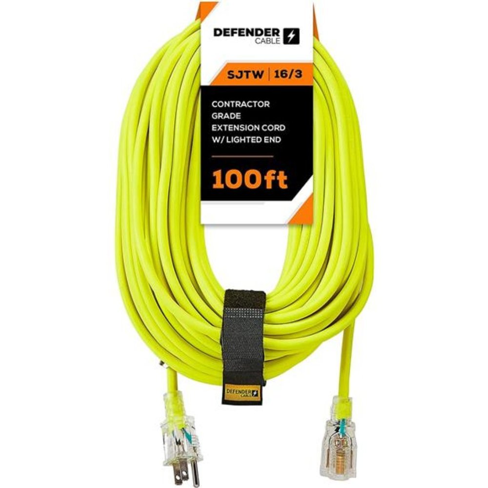 Defender Cable 16/3 Gauge, 100 ft SJTW Contractor Extension Cord w/ Lighted end